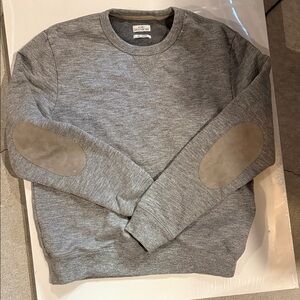 All Saints Gray Crewneck Sweater with Tan Elbow Patches